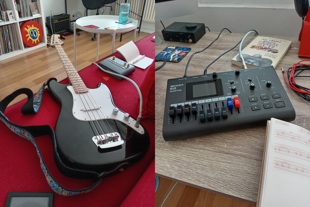 Split image of bass guitar, drum machine, digital recorder and notebook